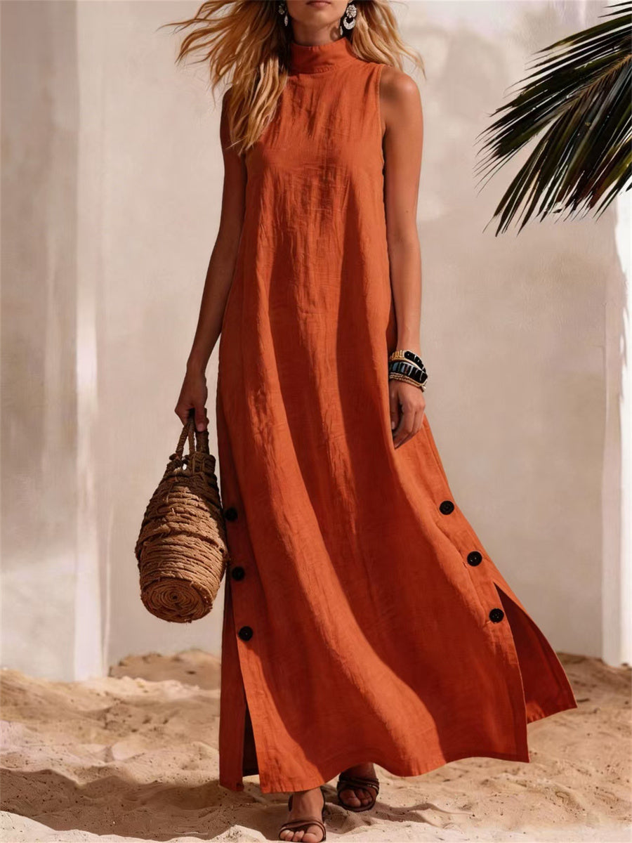 Women's Casual Mock Neck Button Down Side Slit Linen Maxi Dress