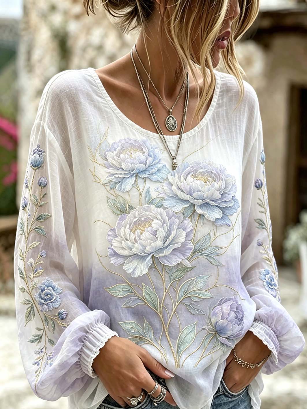 Women's plant and flower embroidery pattern printed casual cotton and linen shirt