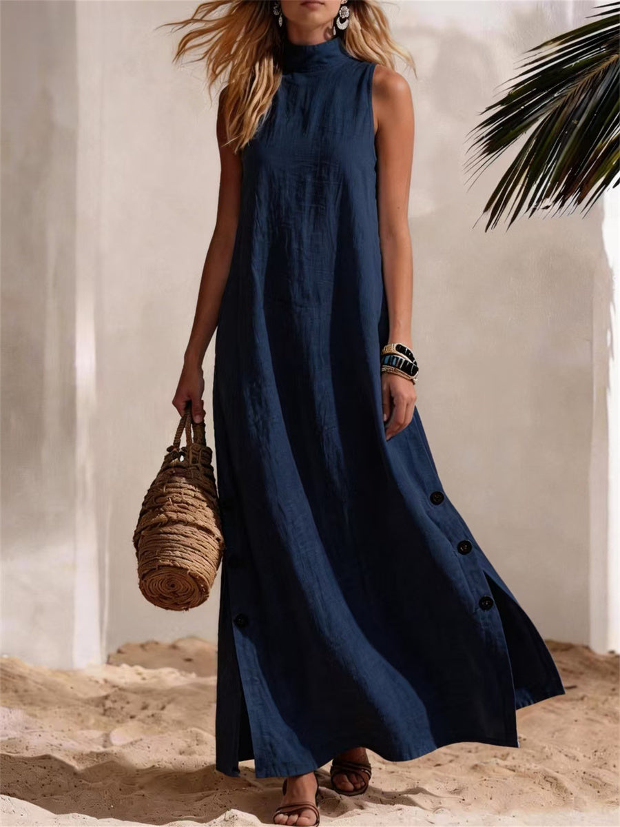 Women's Casual Mock Neck Button Down Side Slit Linen Maxi Dress