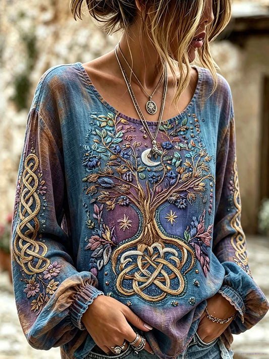 Women's  Retro Nordic Mythology Viking Pattern Printed Cotton-Linen Shirt