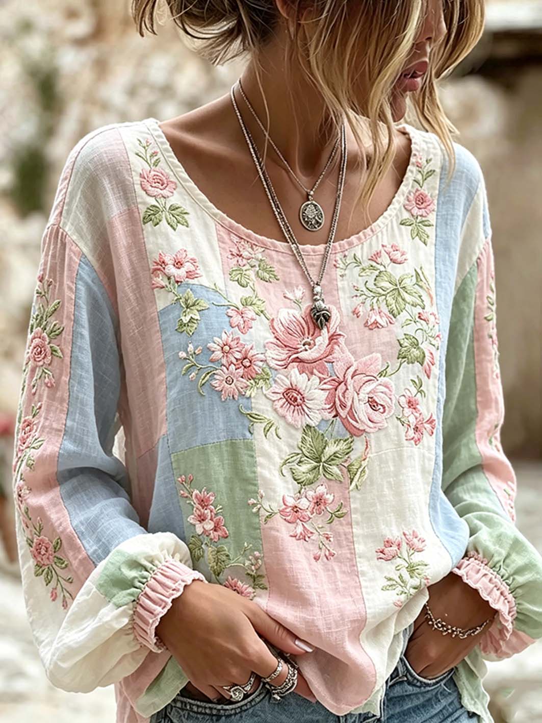 Women's plant and flower embroidery pattern printed casual cotton and linen shirt