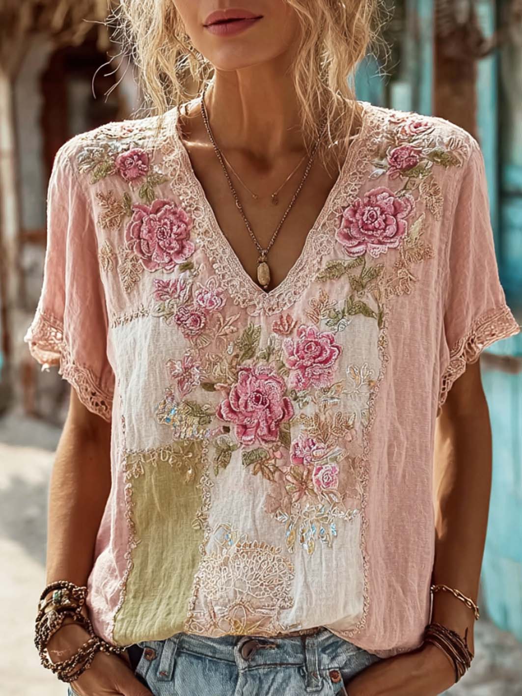 Women's retro pink floral pattern printed cotton and linen T-shirt