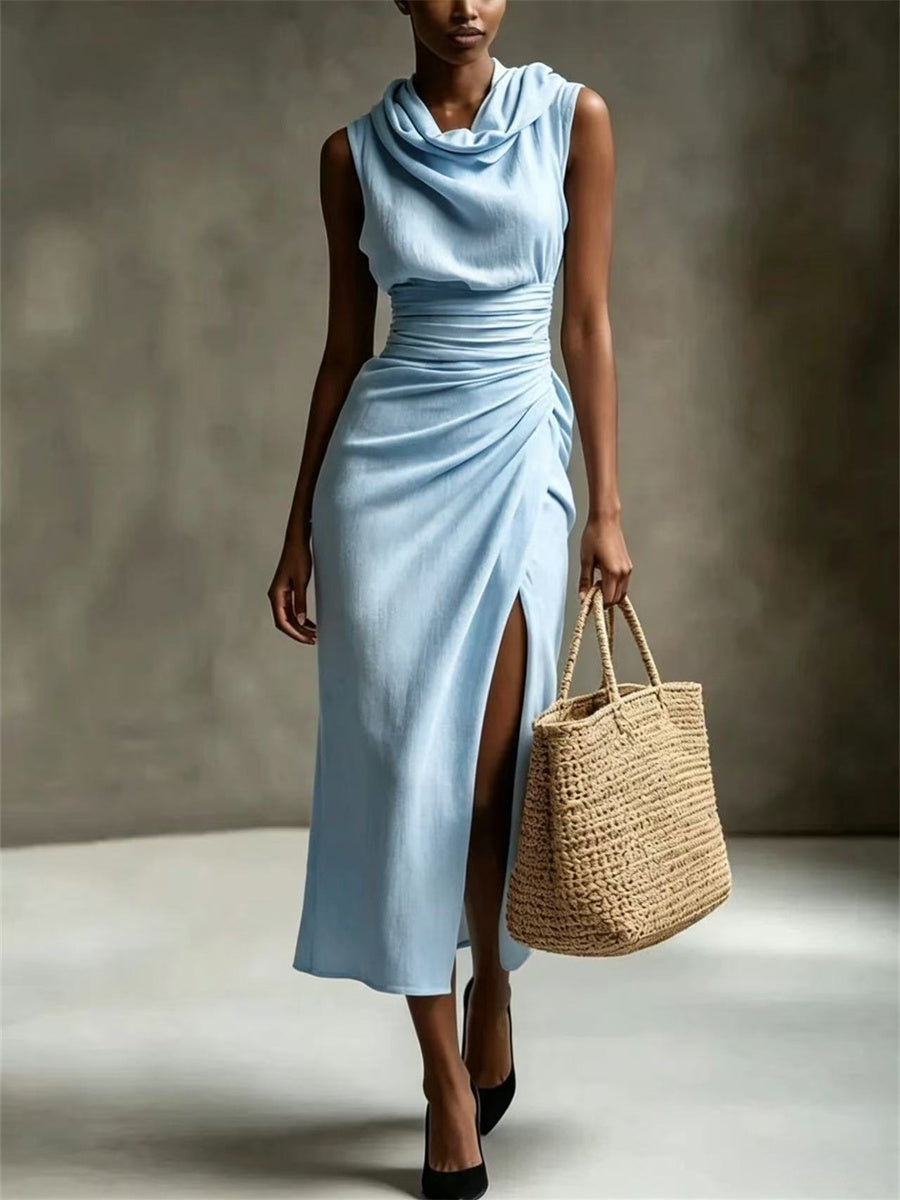 Women's Classy Cowl Neck Side Slit Maxi Linen Dress