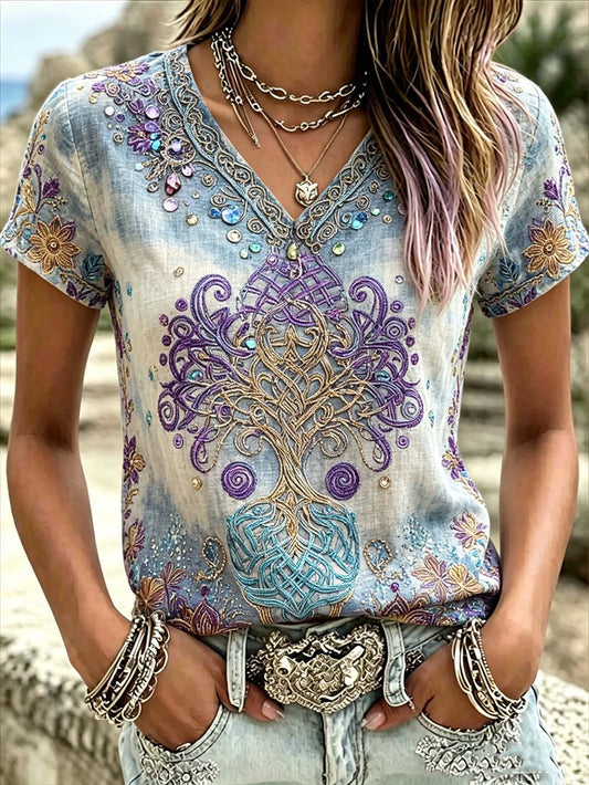 Women's Retro Nordic Mythology Viking Pattern Printed Linen Short-sleeved T-shirt