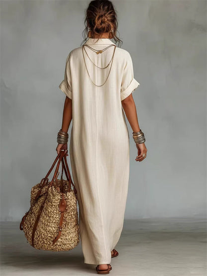 Women's Vintage Embroidered Flap Pocket Short Sleeve Linen Maxi Dress
