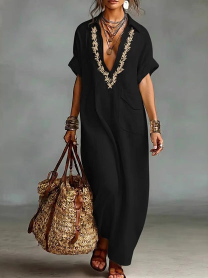 Women's Vintage Embroidered Flap Pocket Short Sleeve Linen Maxi Dress