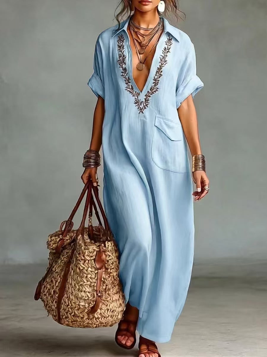 Women's Vintage Embroidered Flap Pocket Short Sleeve Linen Maxi Dress