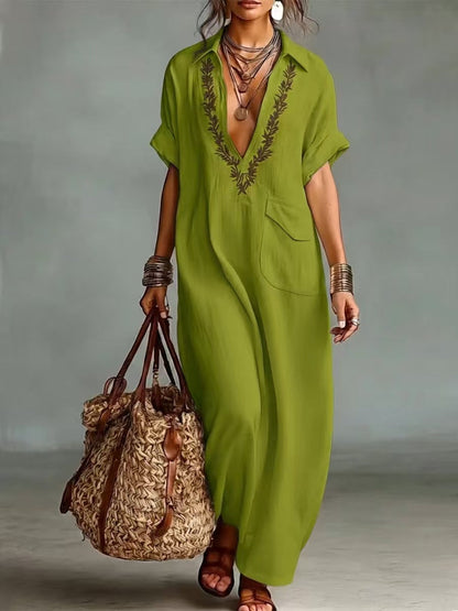 Women's Vintage Embroidered Flap Pocket Short Sleeve Linen Maxi Dress