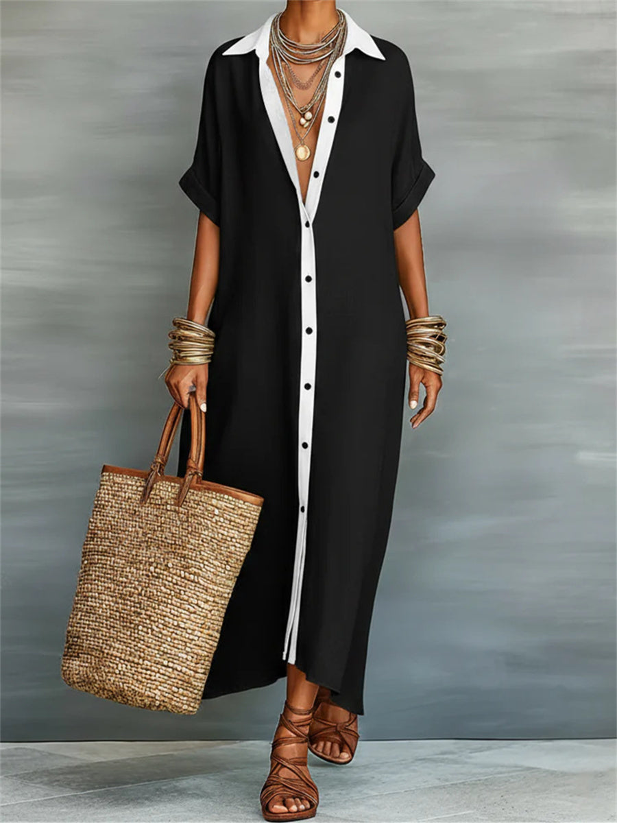 Women's Simple Contrast Color Placket Flowy Short Sleeve Maxi Shirt Dress