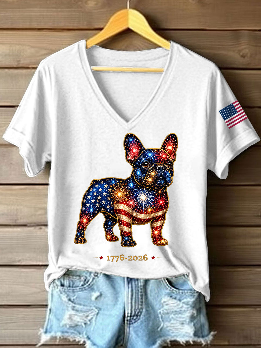 Women's Fireworks Dog Print Gift for Dog Lovers Casual V-Neck Tee