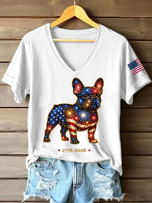 Women's Fireworks Dog Print Gift for Dog Lovers Casual V-Neck Tee