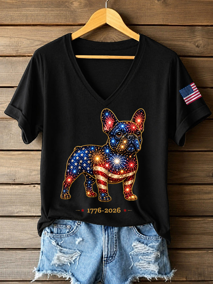 Women's Fireworks Dog Print Gift for Dog Lovers Casual V-Neck Tee