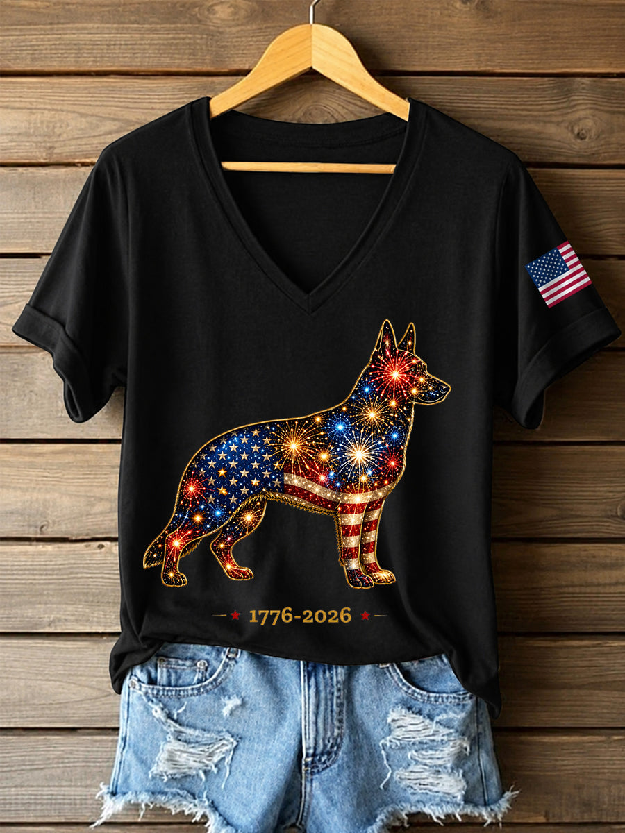 Women's Fireworks Dog Print Gift for Dog Lovers Casual V-Neck Tee