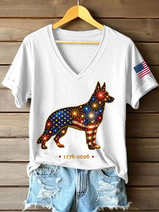 Women's Fireworks Dog Print Gift for Dog Lovers Casual V-Neck Tee
