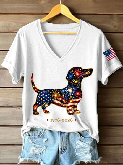 Women's Fireworks Dog Print Gift for Dog Lovers Casual V-Neck Tee