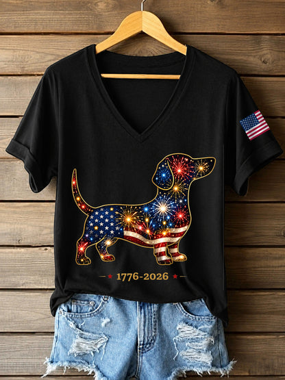 Women's Fireworks Dog Print Gift for Dog Lovers Casual V-Neck Tee