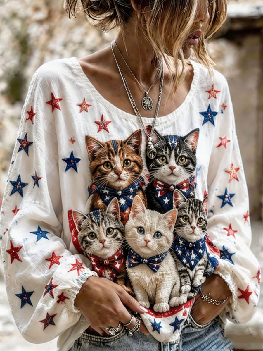 Women's American Flag Cute Animals Cotton-Linen Shirt