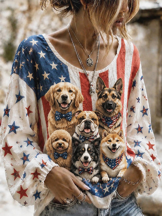 Women's American Flag Cute Animals Cotton-Linen Shirt