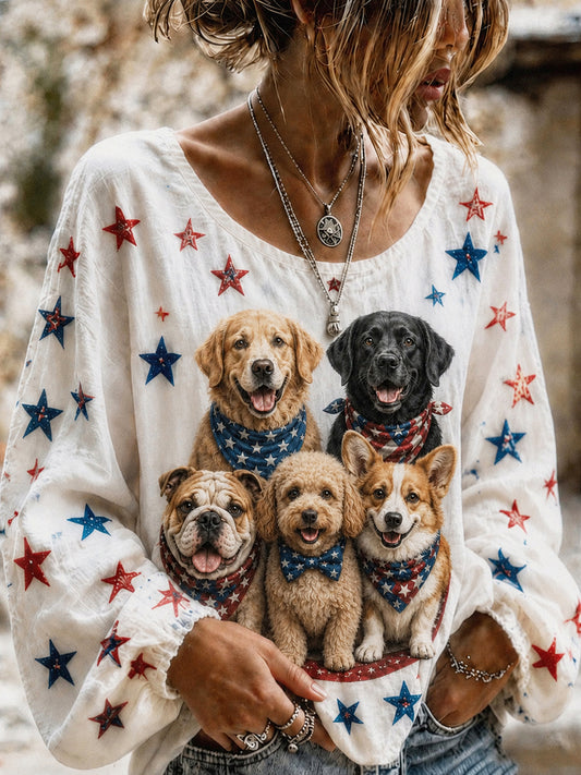 Women's American Flag Cute Animals Cotton-Linen Shirt
