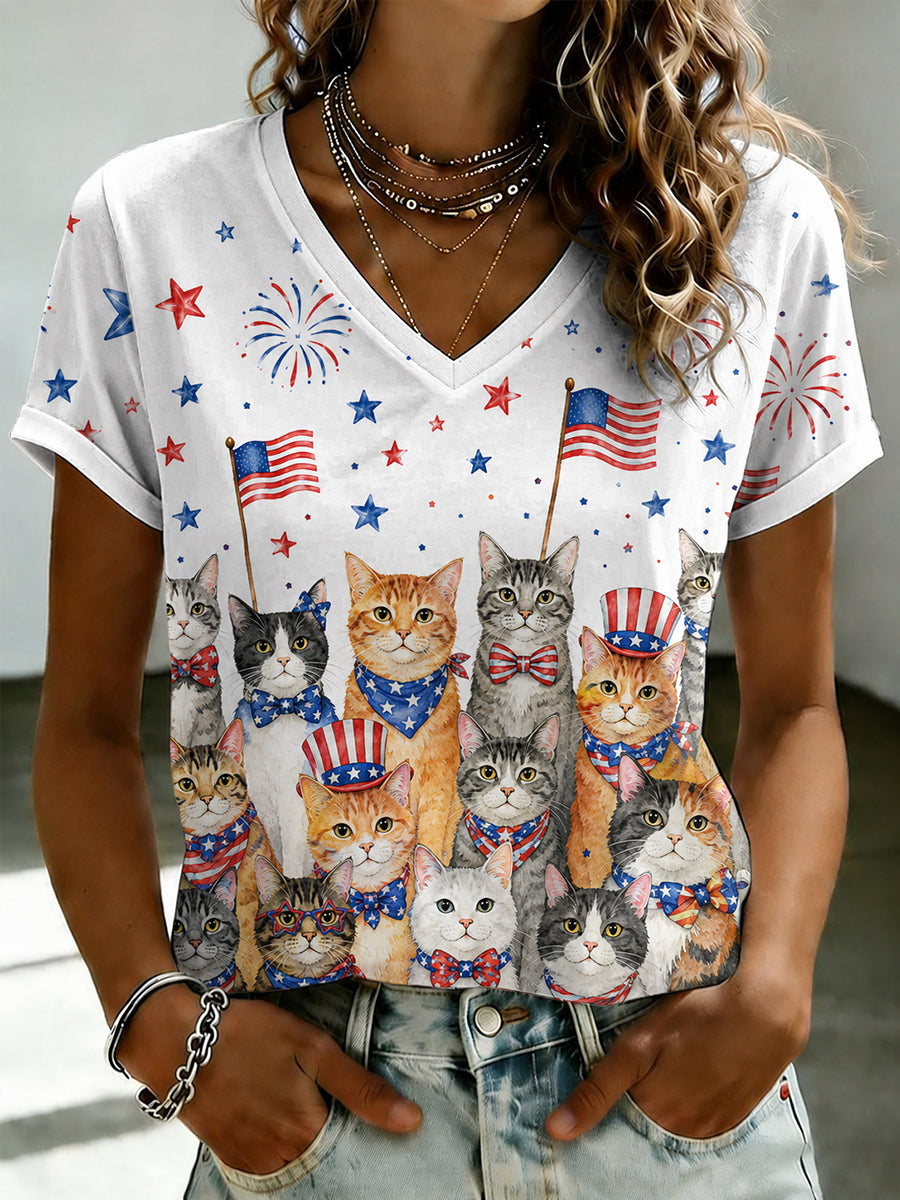 Women's Patriotic Cat Print T-shirt