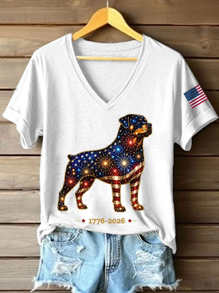 Women's Fireworks Dog Print Gift for Dog Lovers Casual V-Neck Tee
