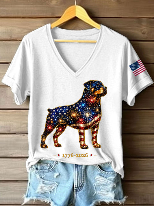 Women's Fireworks Dog Print Gift for Dog Lovers Casual V-Neck Tee