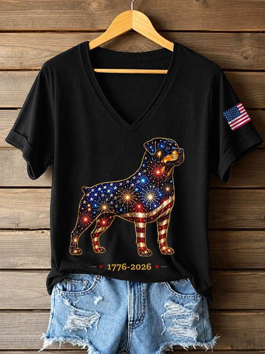 Women's Fireworks Dog Print Gift for Dog Lovers Casual V-Neck Tee