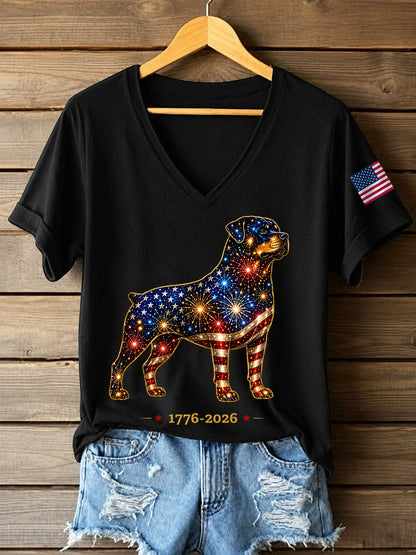 Women's Fireworks Dog Print Gift for Dog Lovers Casual V-Neck Tee