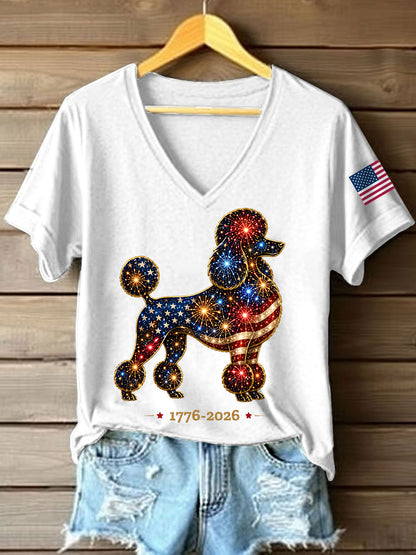 Women's Fireworks Dog Print Gift for Dog Lovers Casual V-Neck Tee