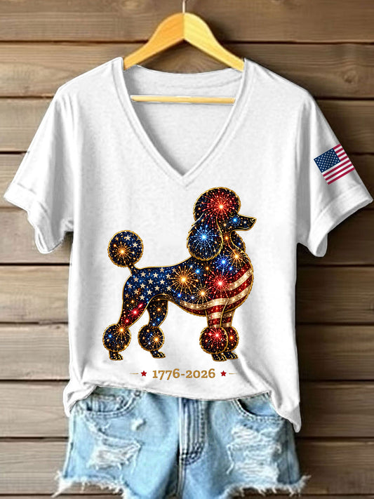 Women's Fireworks Dog Print Gift for Dog Lovers Casual V-Neck Tee