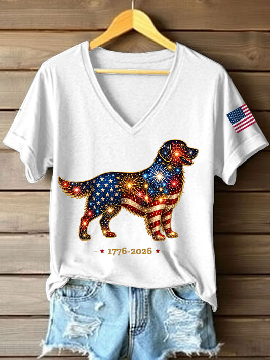 Women's Fireworks Dog Print Gift for Dog Lovers Casual V-Neck Tee