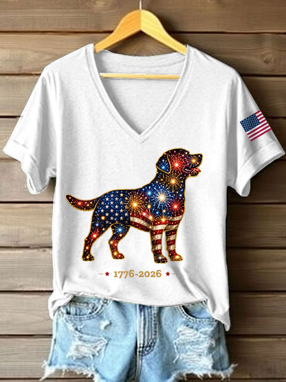 Women's Fireworks Dog Print Gift for Dog Lovers Casual V-Neck Tee