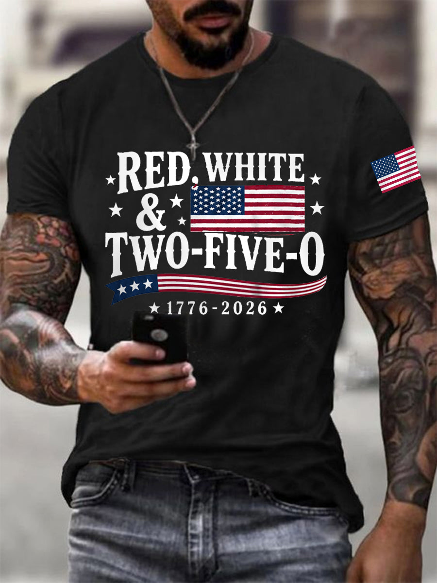 Men's Red White Two-Five-O USA Flag Print Casual Patriotic Tee