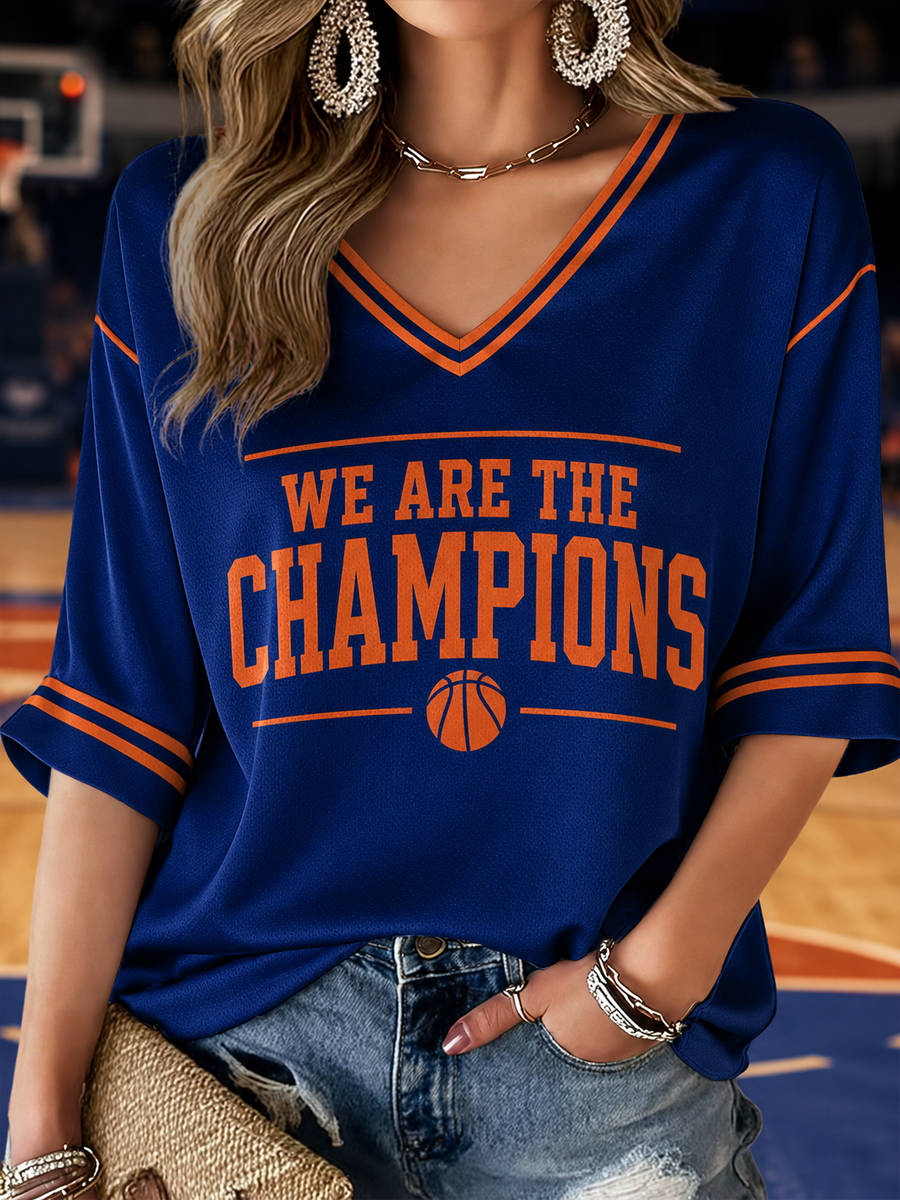 Women's WE ARE THE CHAMPIONS Mid-length Sleeves V-Neck T-Shirt
