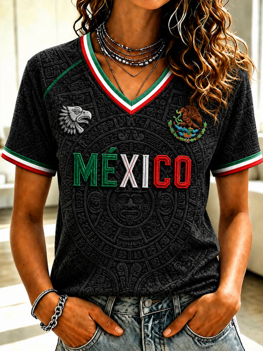 Women's Mexico Football Lover Art V-neck  Short Sleeve T-shirt