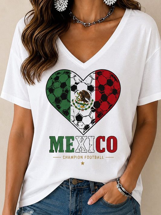 Women's Mexican Football Match Cheering Element Art Print V-Neck T-Shirt