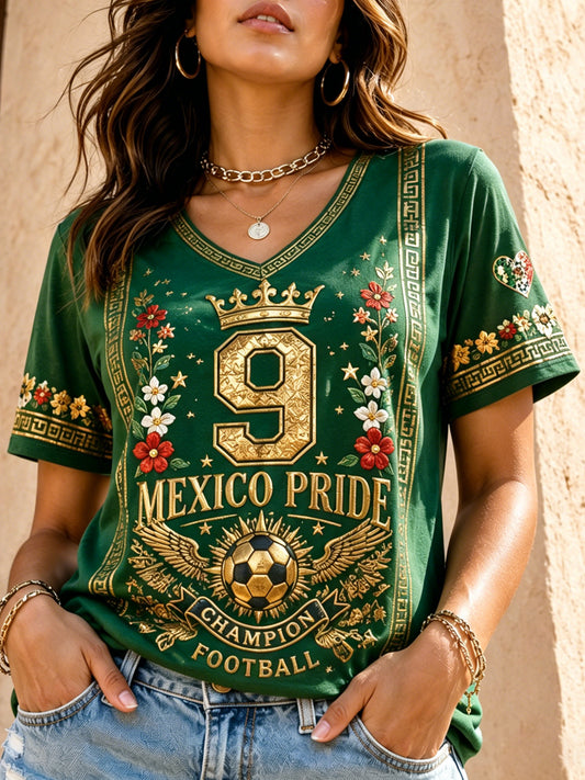 Women's Mexican Football Match Cheering Element Art Print V-Neck T-Shirt