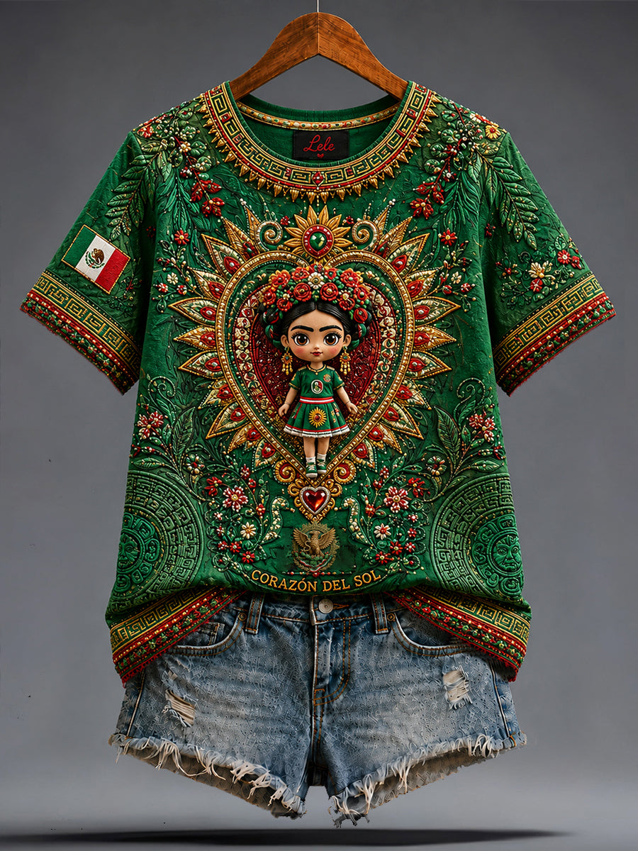 Women's Mexico Football Lover Lele Doll Art Printed T-shirt