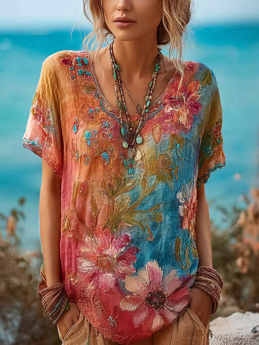 Women's oil painting style vacation and leisure short-sleeved T-shirt
