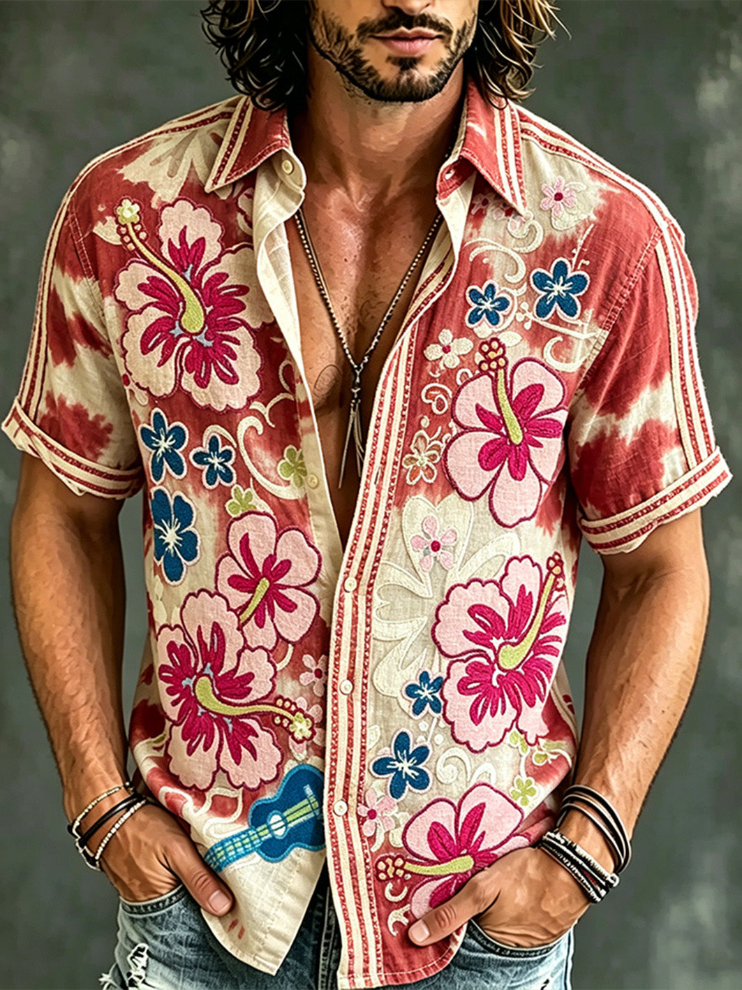 Men's Vacation style floral pattern printed casual short sleeve shirt