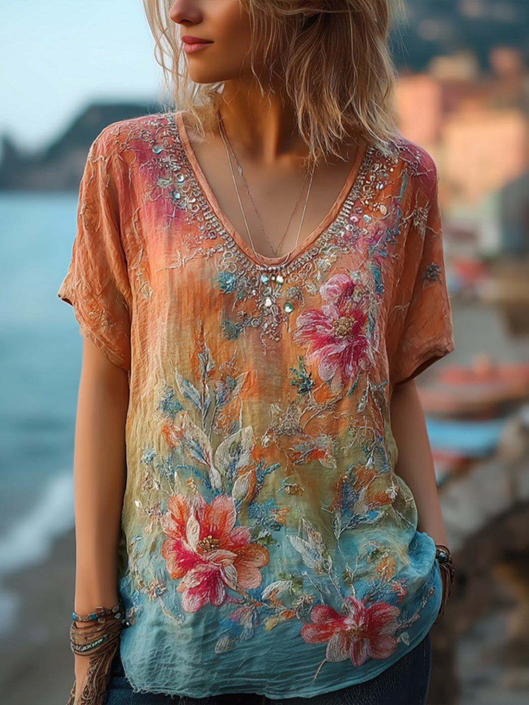 Women's oil painting style vacation and leisure short-sleeved T-shirt