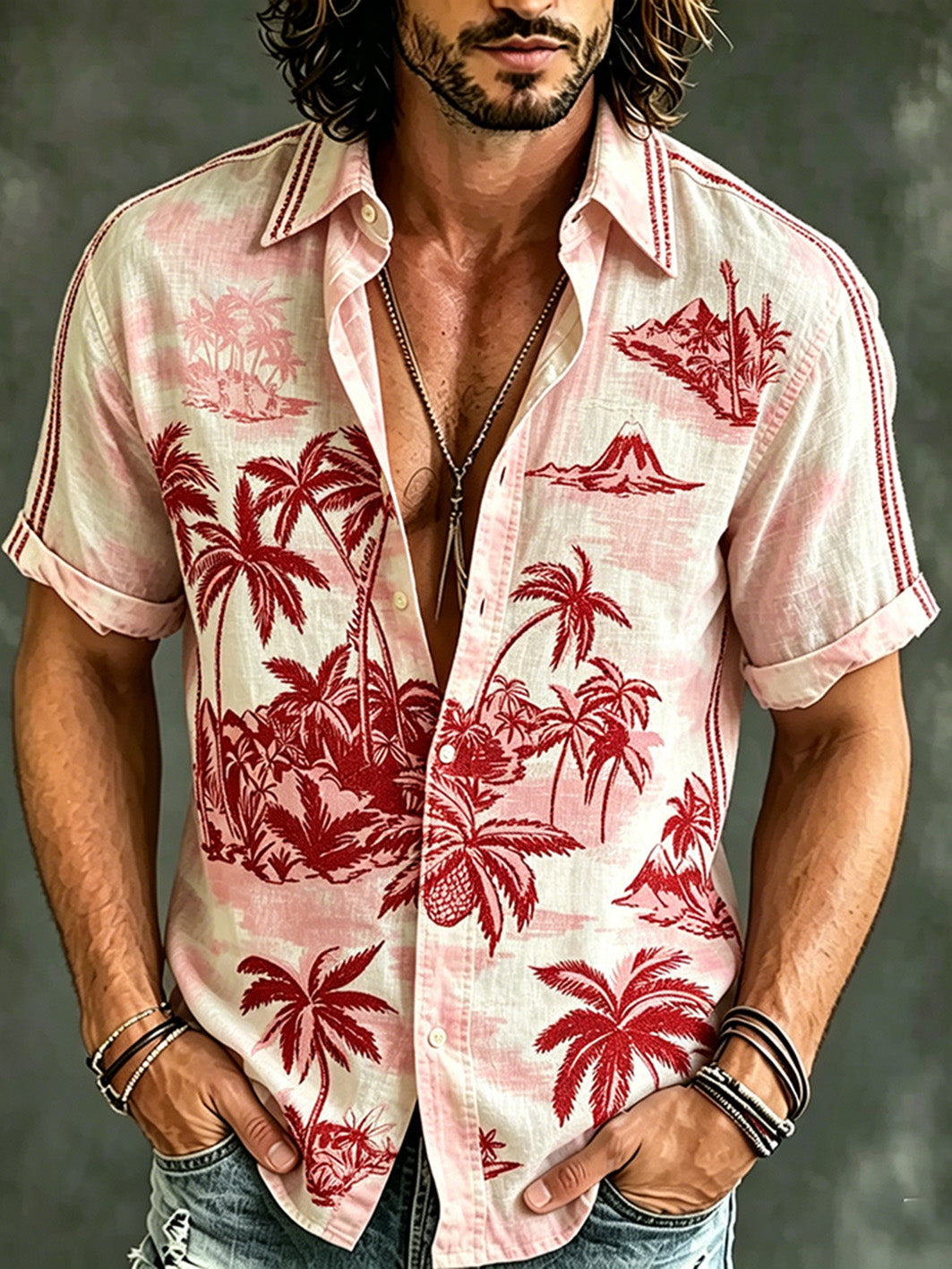 Men's Vacation Style Plant Flower Pattern Printed Casual Short Sleeve Shirt