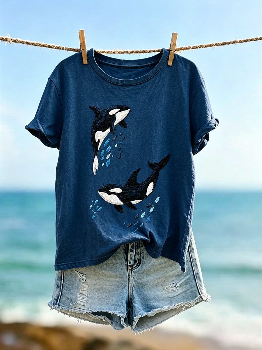 Women's Vintage Ocean Whales Art Print Short-sleeved T-shirt