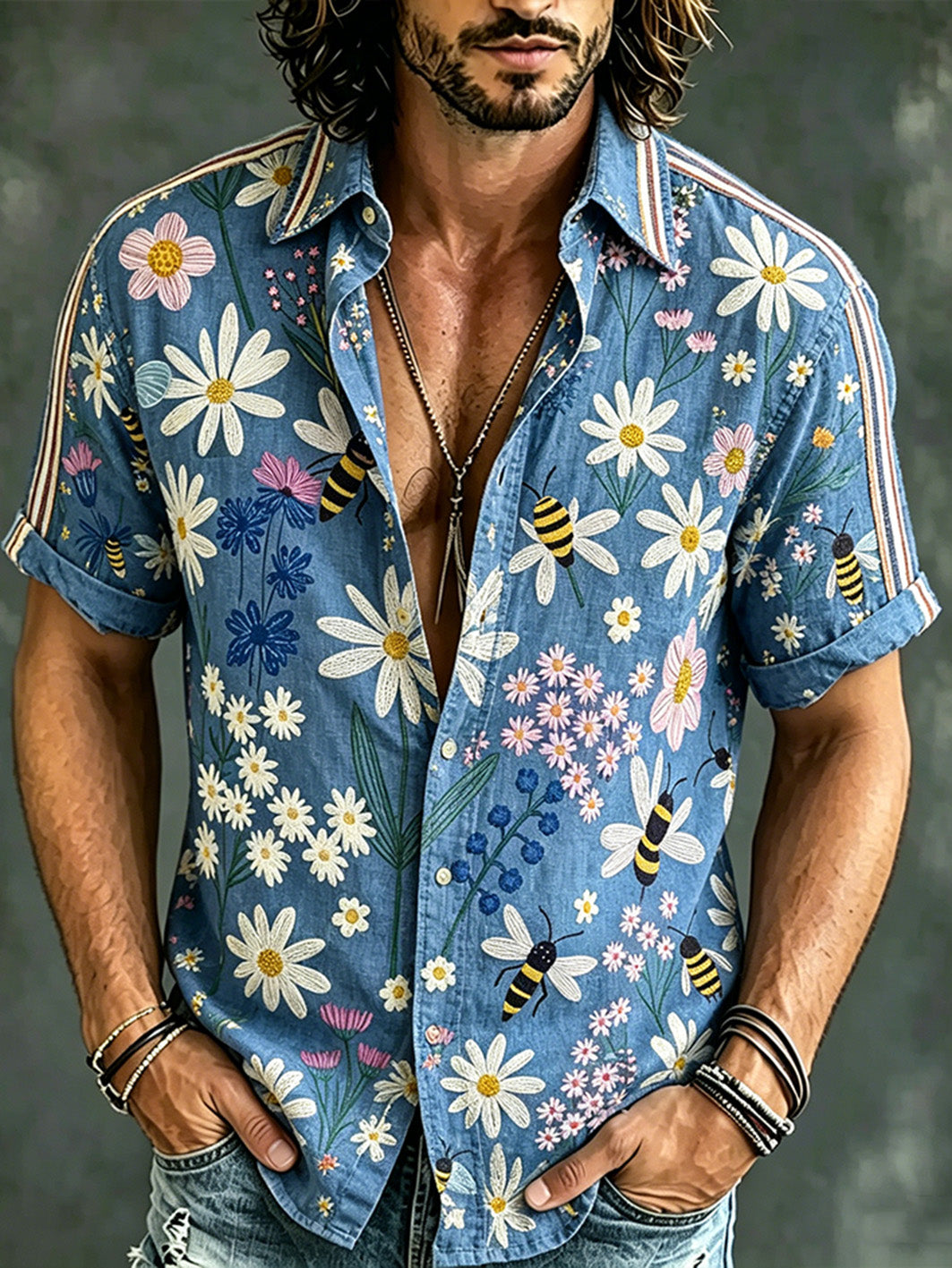 Men's Vacation Style Plant Flower Pattern Printed Casual Short Sleeve Shirt