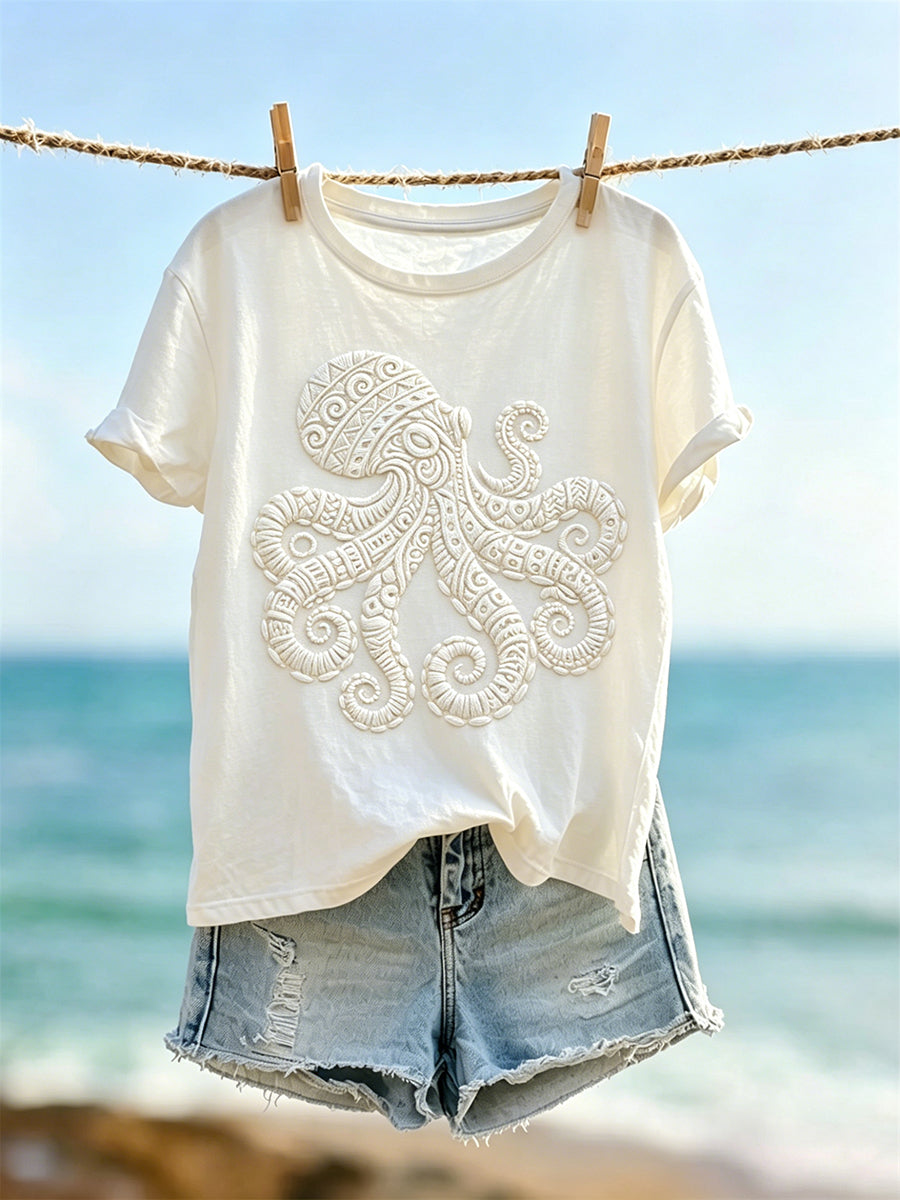 Women's Vintage Off-white Octopus Art Print Short-sleeved T-shirt