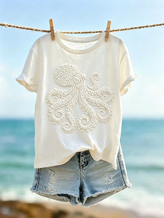 Women's Vintage Off-white Octopus Art Print Short-sleeved T-shirt
