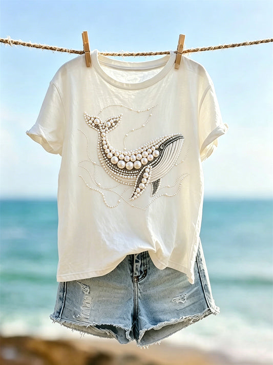 Women's Vintage Pearl Whale Art Print Short-sleeved T-shirt