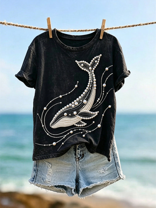 Women's Vintage Pearl Whale Art Pattern Print Short-sleeved T-shirt