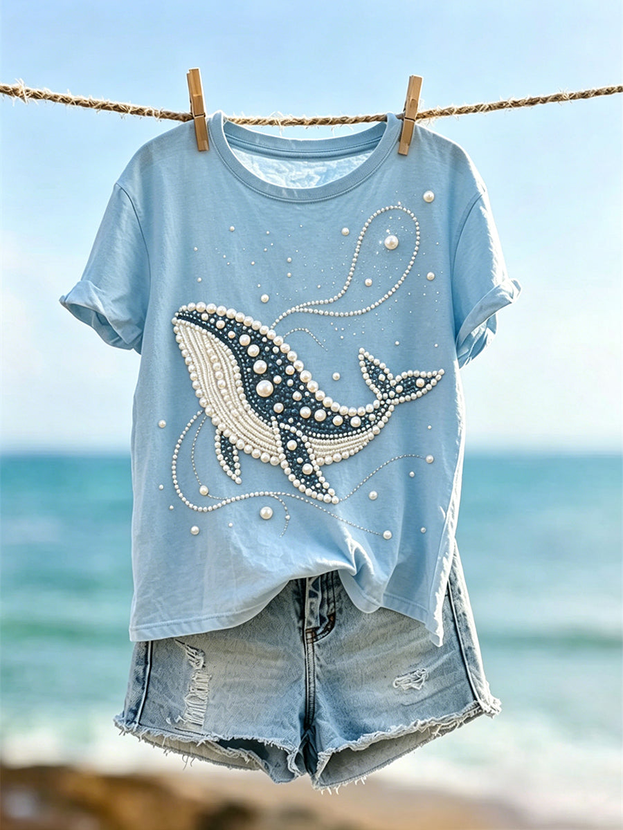 Women's Vintage Ocean Whale Art Pattern Print Short-sleeved T-shirt