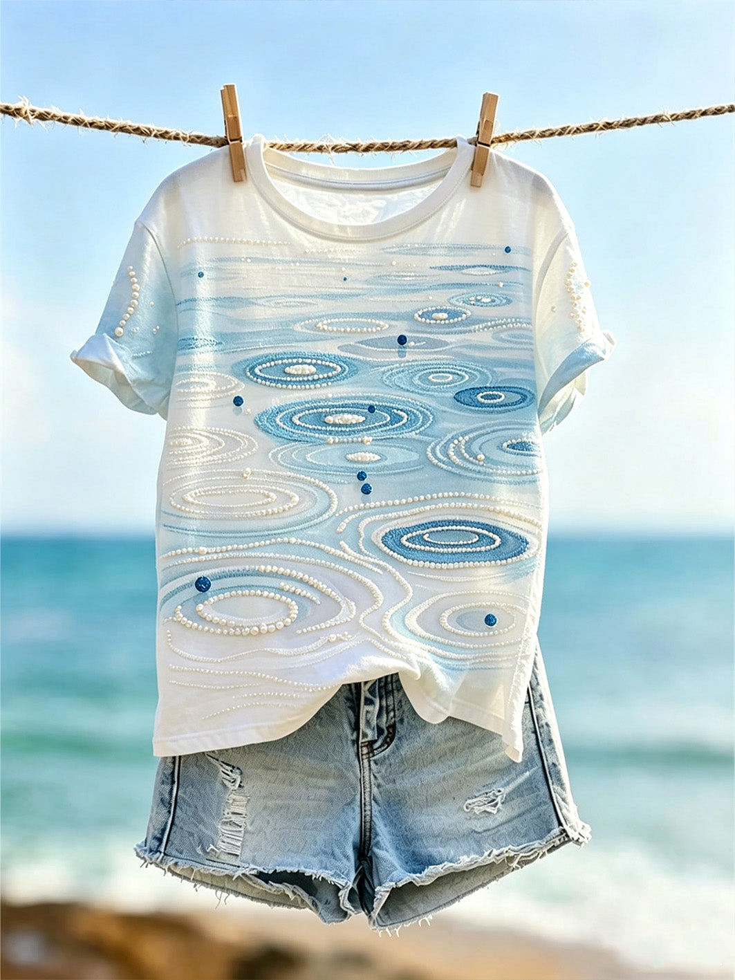 Women's vacation style geometric line pattern printed short-sleeve T-shirt